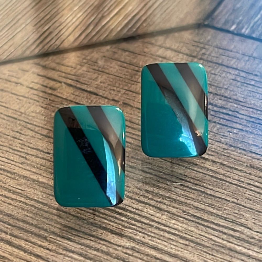 Vintage Dark Green & Striped Rectangle 1980’s Earrings